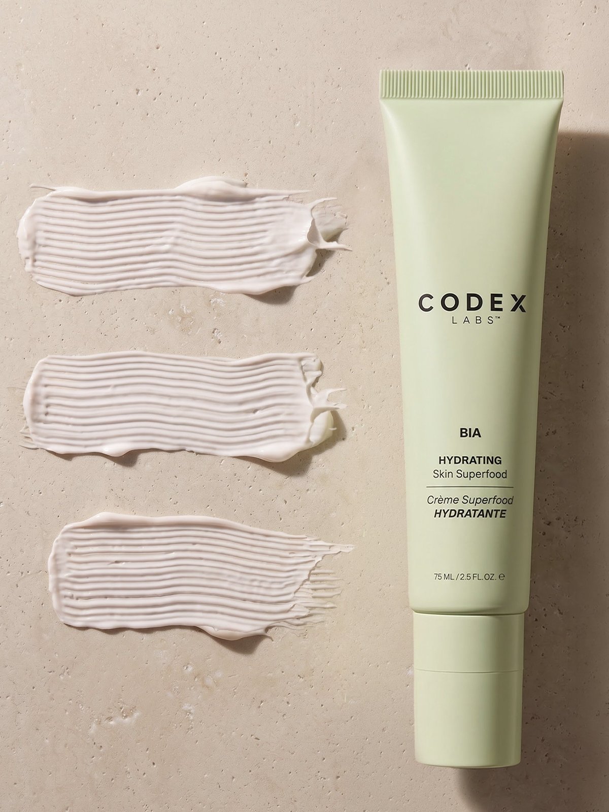 Codex Labs BIA cream — texture study communicating formulation intelligence
